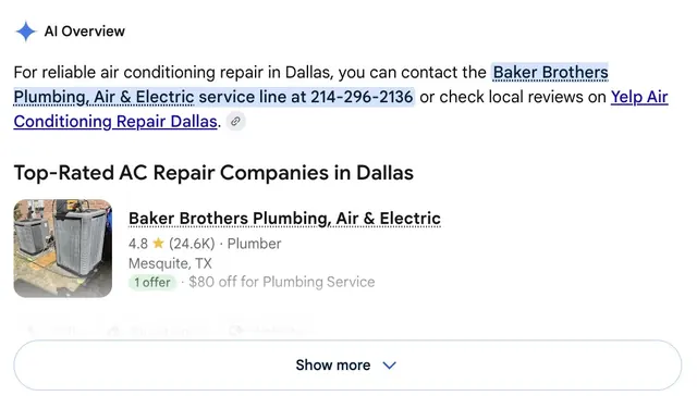 Real Google AI Overview for ac repair dallas tx naming one HVAC company with its phone number