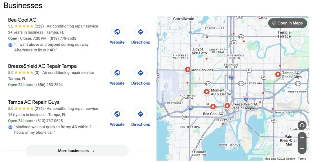 Real Google search results for ac repair near me in Tampa, Florida, showing the Map Pack with three HVAC companies