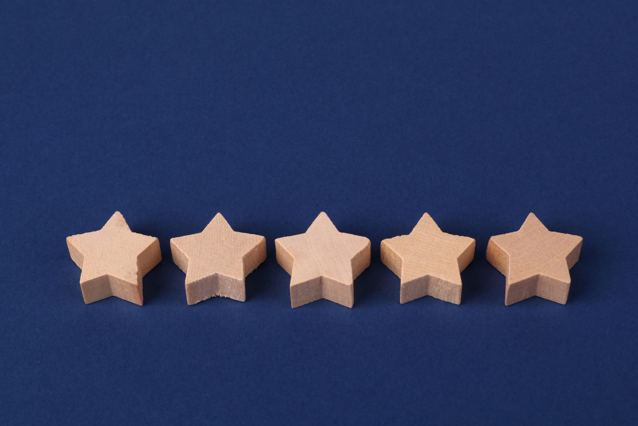 Five wooden stars on a blue background representing an HVAC company review rating