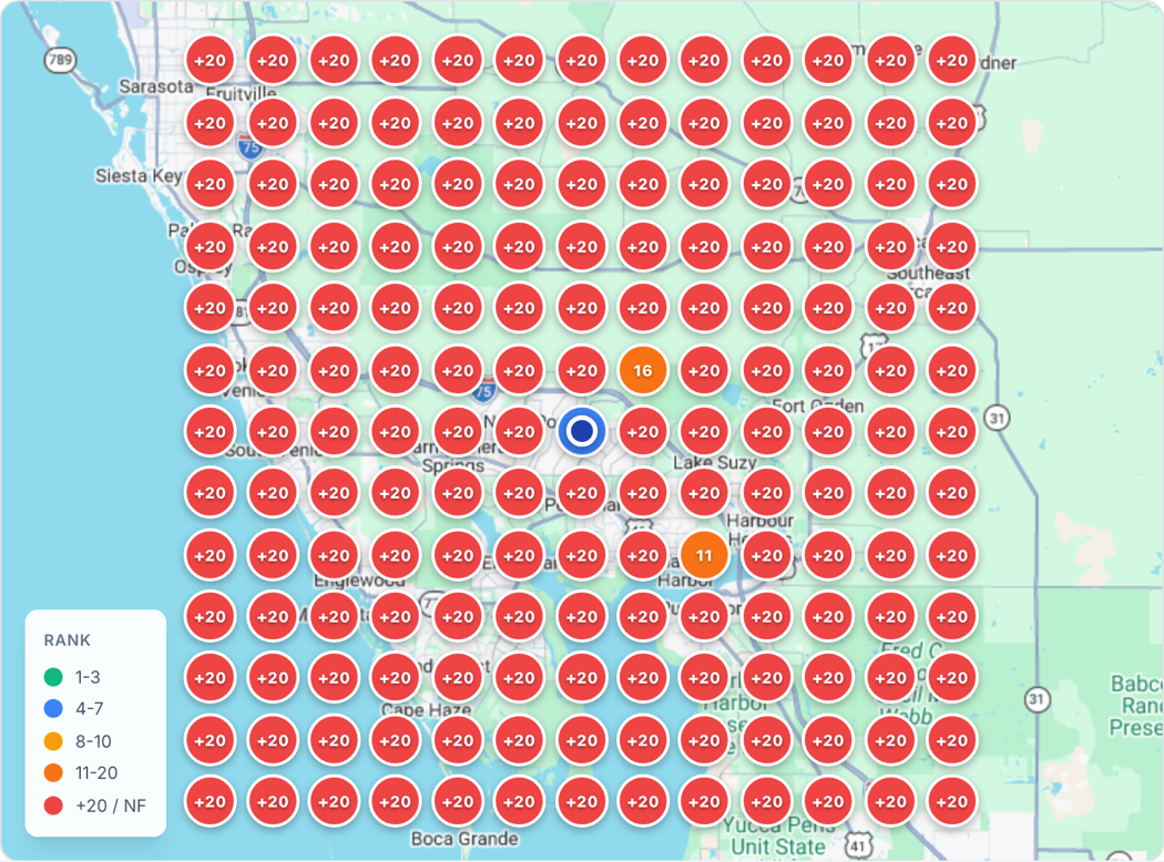 Geo-grid where almost every one of the 169 points is outside the top 20